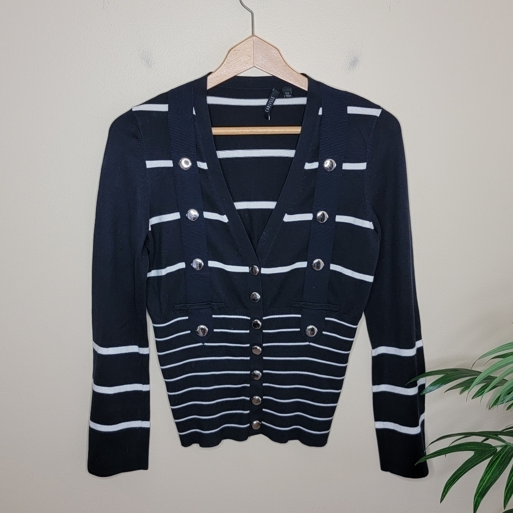 Carlisle Black & White Striped Silk Blend Snap Front Cardigan Sweater